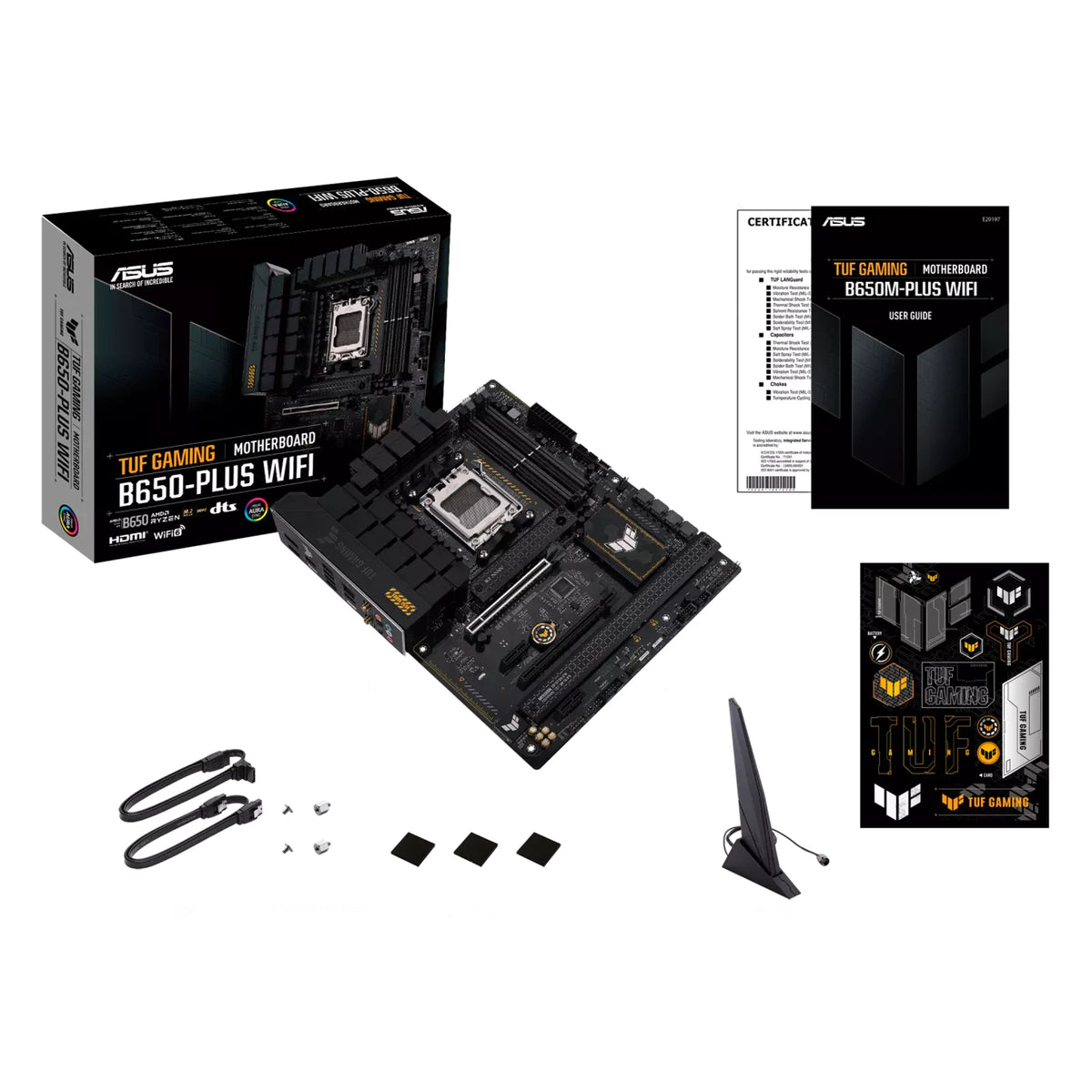ASUS TUF GAMING B650-PLUS WIFI — contenu de la boîte sur fond blanc carré — réf. 90MB1BZ0-M0EAY0