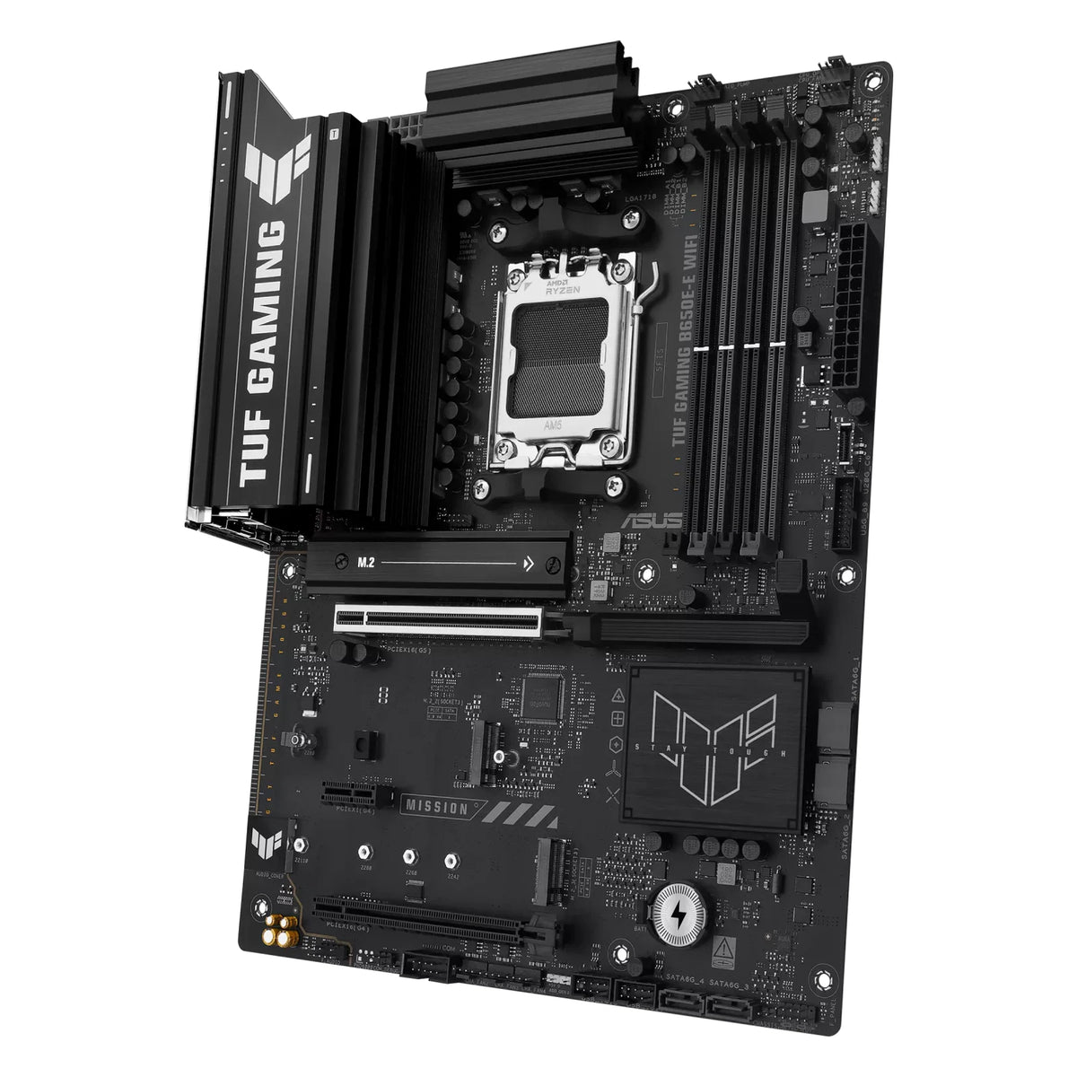 ASUS TUF GAMING B650E-E WIFI — vue en perspective à 60 degrés sur fond blanc carré — réf. 90MB1LT0-M0EAY0