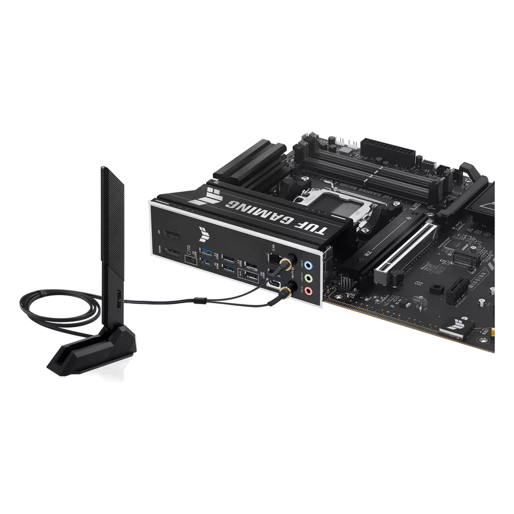 ASUS TUF GAMING B650E-E WIFI — vue avec antenne Wi-Fi sur fond blanc carré — réf. 90MB1LT0-M0EAY0