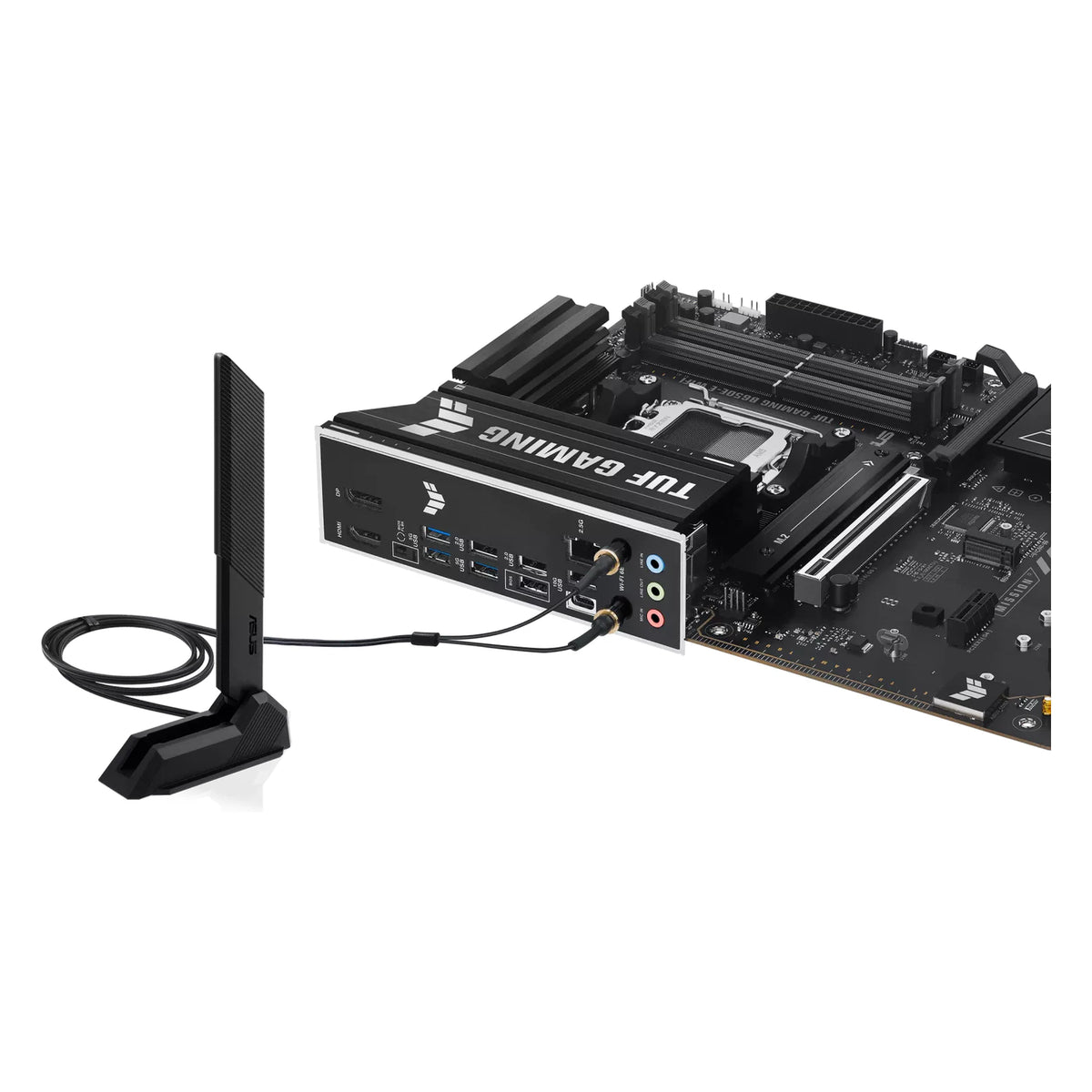 ASUS TUF GAMING B650E-E WIFI — vue avec antenne Wi-Fi sur fond blanc carré — réf. 90MB1LT0-M0EAY0