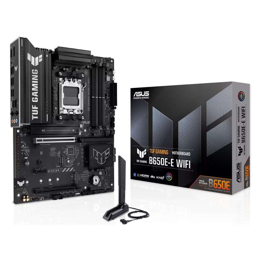 ASUS TUF GAMING B650E-E WIFI — vue en perspective à 45 degrés sur fond blanc carré — réf. 90MB1LT0-M0EAY0