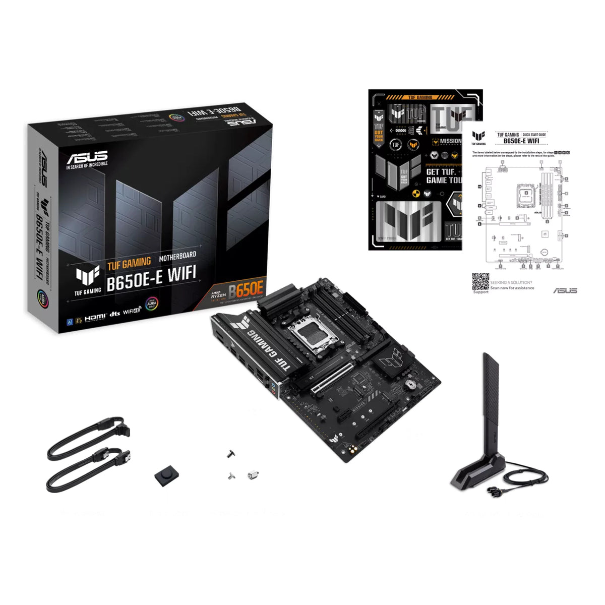 ASUS TUF GAMING B650E-E WIFI — contenu de la boîte sur fond blanc carré — réf. 90MB1LT0-M0EAY0