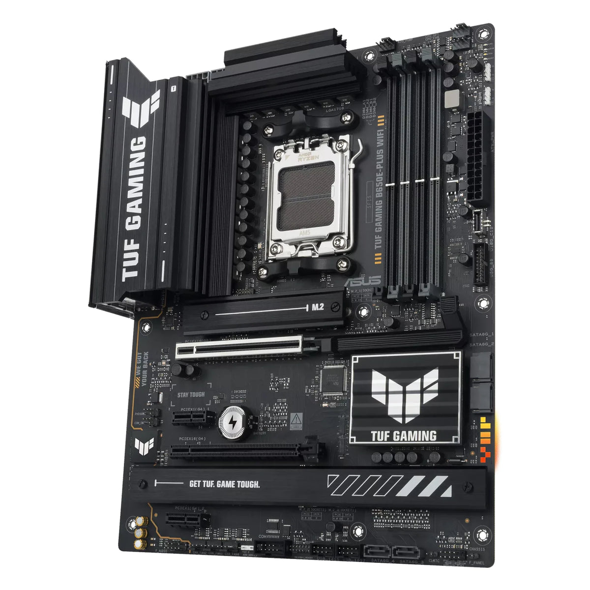 ASUS TUF GAMING B650E-PLUS WIFI — vue en perspective à 60 degrés sur fond blanc carré — réf. 90MB1M20-M0EAY0