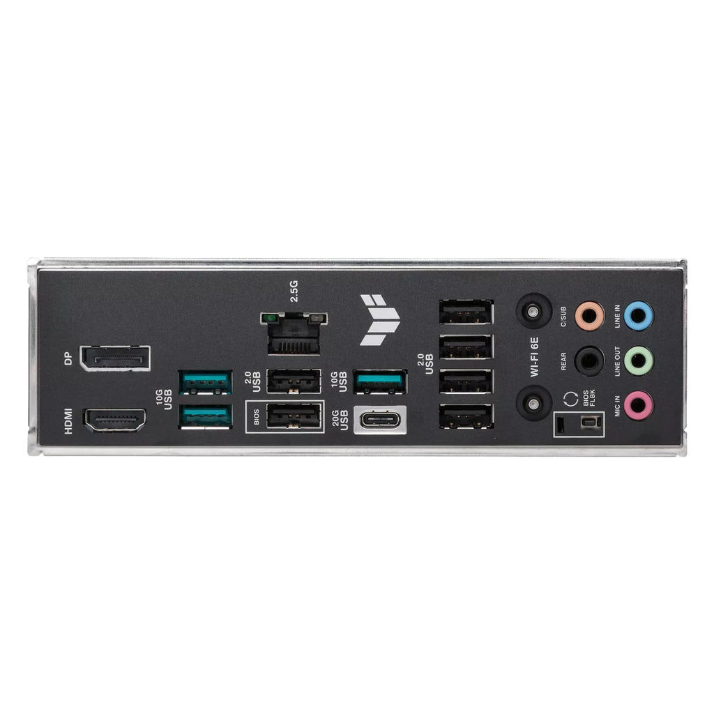 ASUS TUF GAMING B650E-PLUS WIFI — connectique arrière sur fond blanc carré — réf. 90MB1M20-M0EAY0