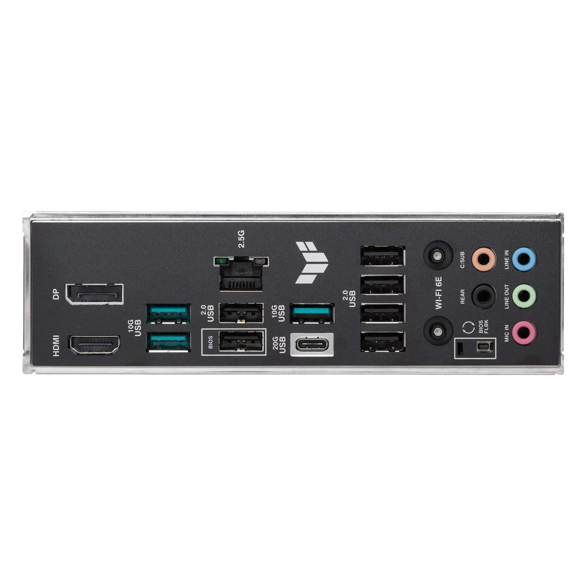 ASUS TUF GAMING B650E-PLUS WIFI — connectique arrière sur fond blanc carré — réf. 90MB1M20-M0EAY0