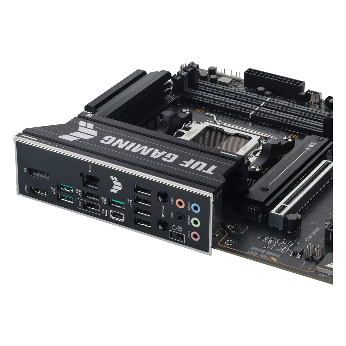 ASUS TUF GAMING B650E-PLUS WIFI — vue produit 6 sur fond blanc carré — réf. 90MB1M20-M0EAY0