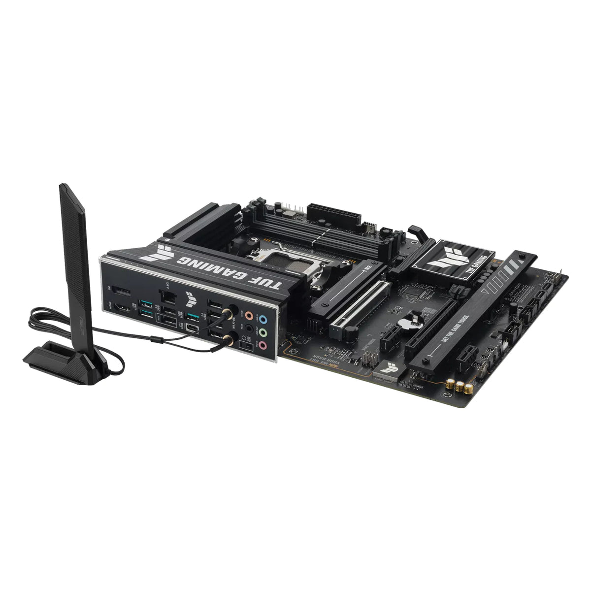 ASUS TUF GAMING B650E-PLUS WIFI — vue avec antenne Wi-Fi sur fond blanc carré — réf. 90MB1M20-M0EAY0
