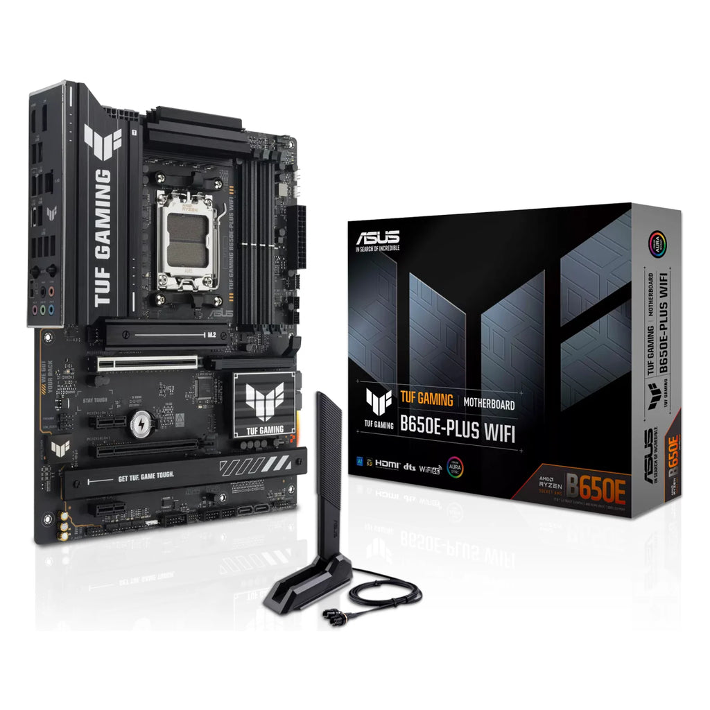 ASUS TUF GAMING B650E-PLUS WIFI — vue en perspective à 45 degrés sur fond blanc carré — réf. 90MB1M20-M0EAY0