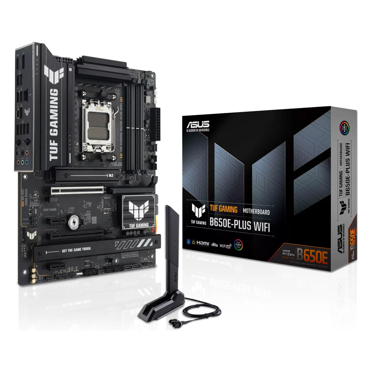 ASUS TUF GAMING B650E-PLUS WIFI — vue en perspective à 45 degrés sur fond blanc carré — réf. 90MB1M20-M0EAY0