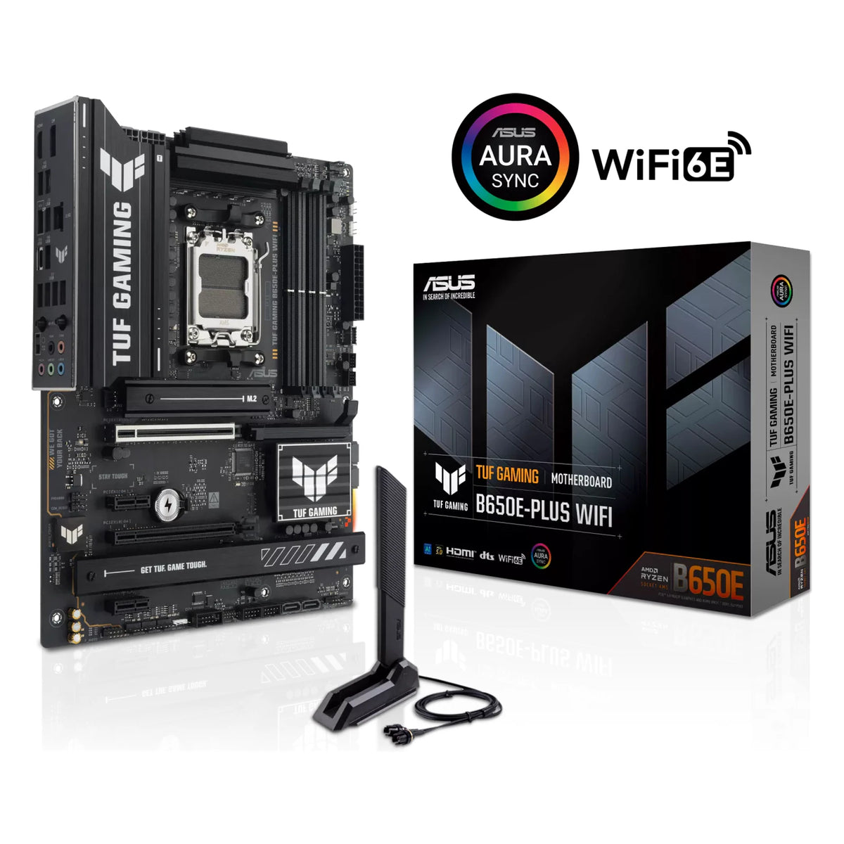 ASUS TUF GAMING B650E-PLUS WIFI — vue en perspective à 45 degrés sur fond blanc carré — réf. 90MB1M20-M0EAY0