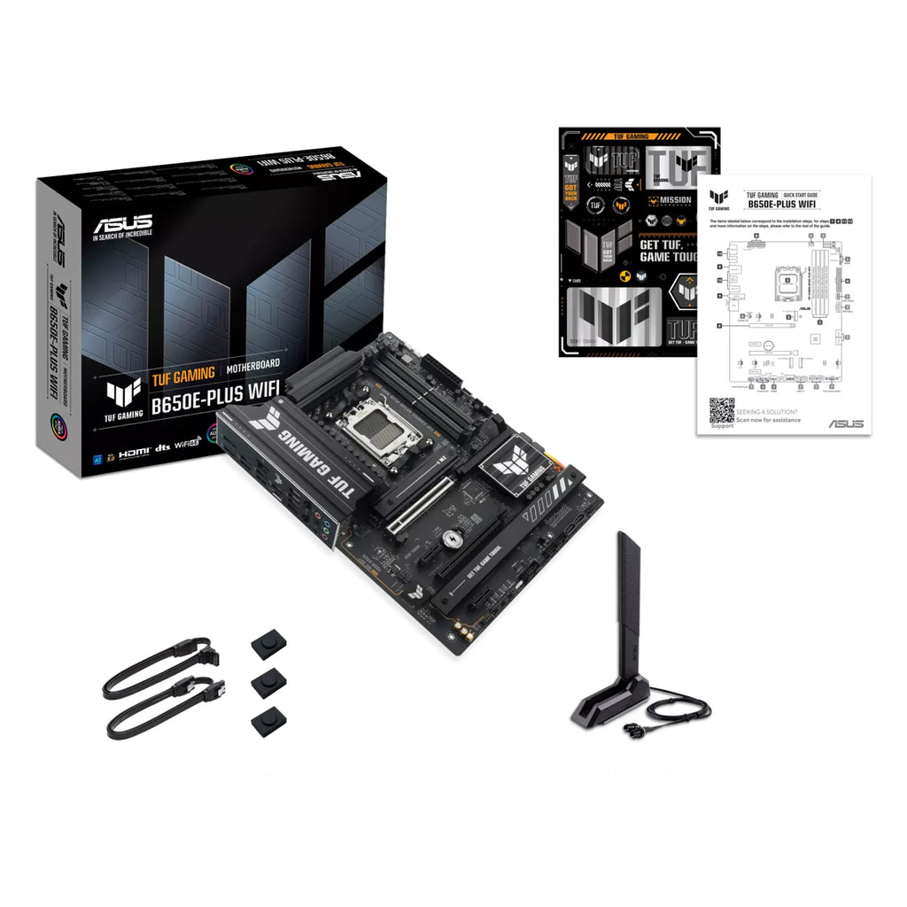 ASUS TUF GAMING B650E-PLUS WIFI — contenu de la boîte sur fond blanc carré — réf. 90MB1M20-M0EAY0