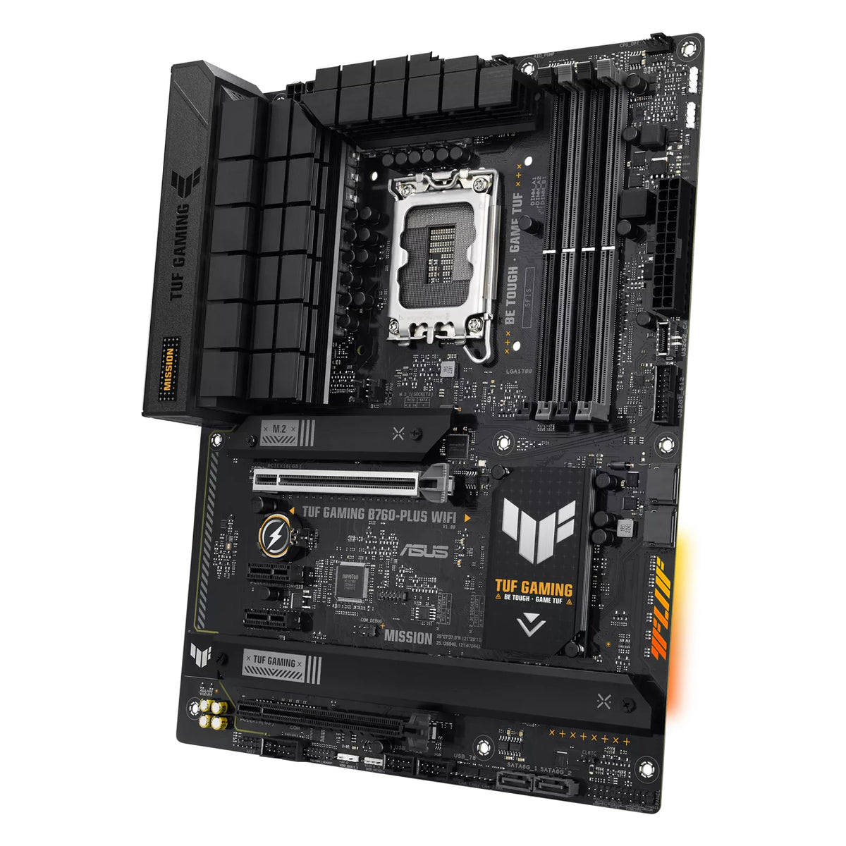 ASUS TUF GAMING B760-PLUS WIFI — vue en perspective à 60 degrés sur fond blanc carré — réf. 90MB1ER0-M1EAY0