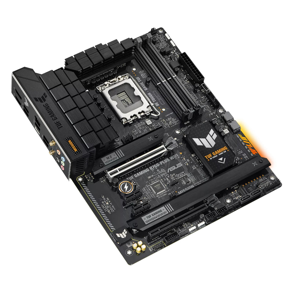 ASUS TUF GAMING B760-PLUS WIFI — vue en perspective à 45 degrés sur fond blanc carré — réf. 90MB1ER0-M1EAY0