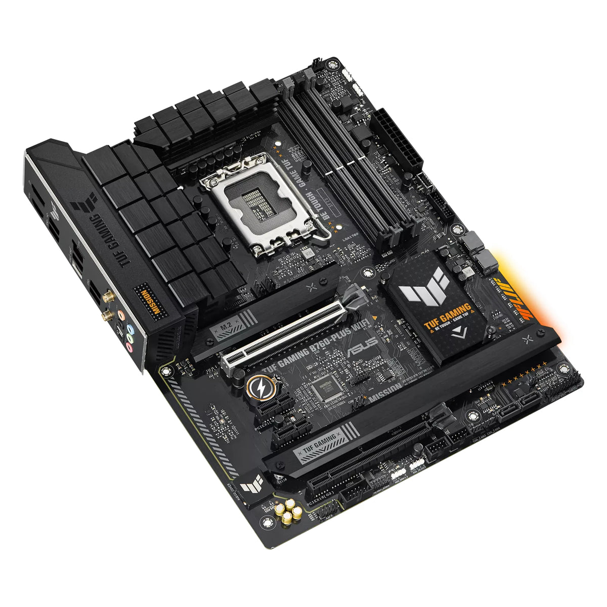ASUS TUF GAMING B760-PLUS WIFI — vue en perspective à 45 degrés sur fond blanc carré — réf. 90MB1ER0-M1EAY0