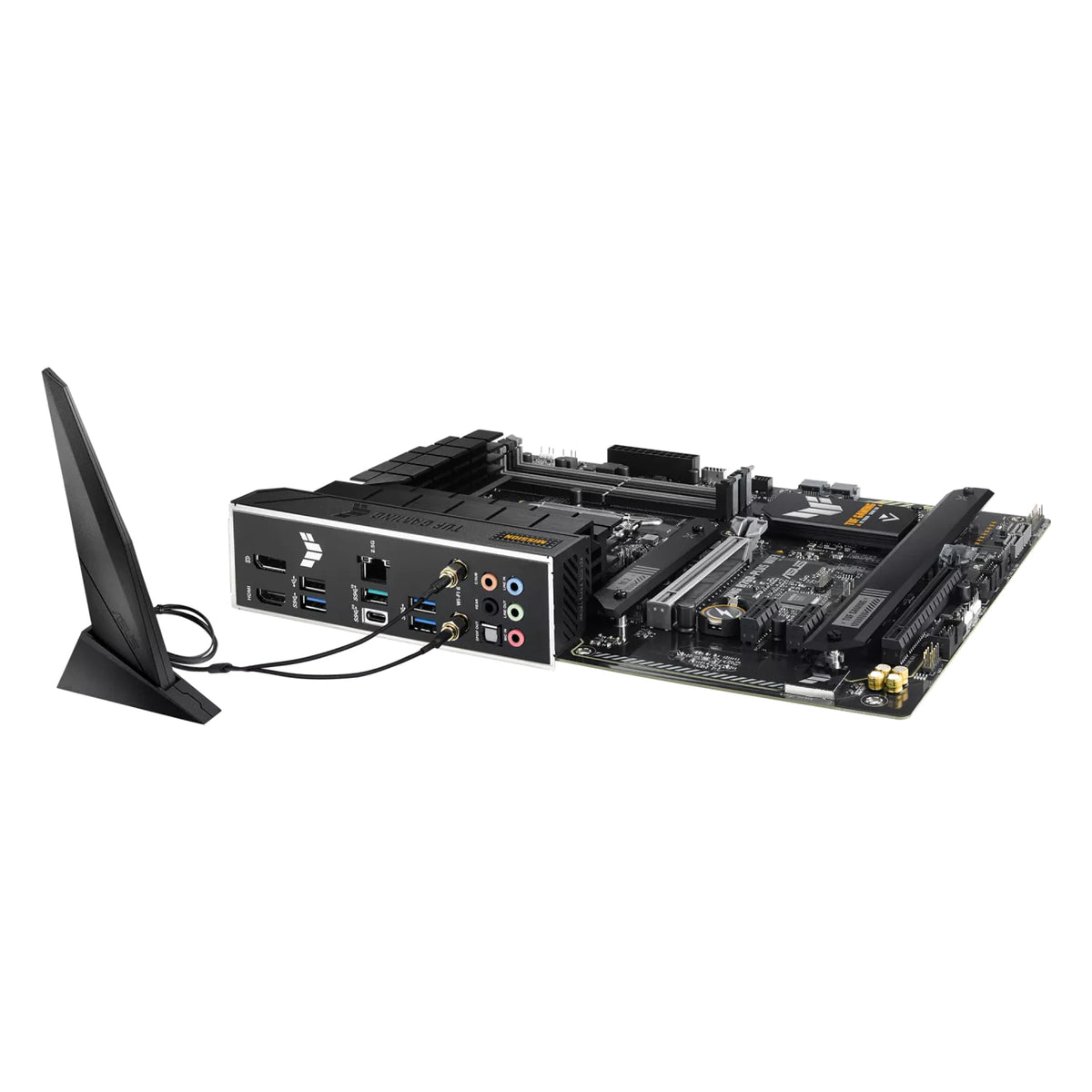ASUS TUF GAMING B760-PLUS WIFI — vue avec antenne Wi-Fi sur fond blanc carré — réf. 90MB1ER0-M1EAY0