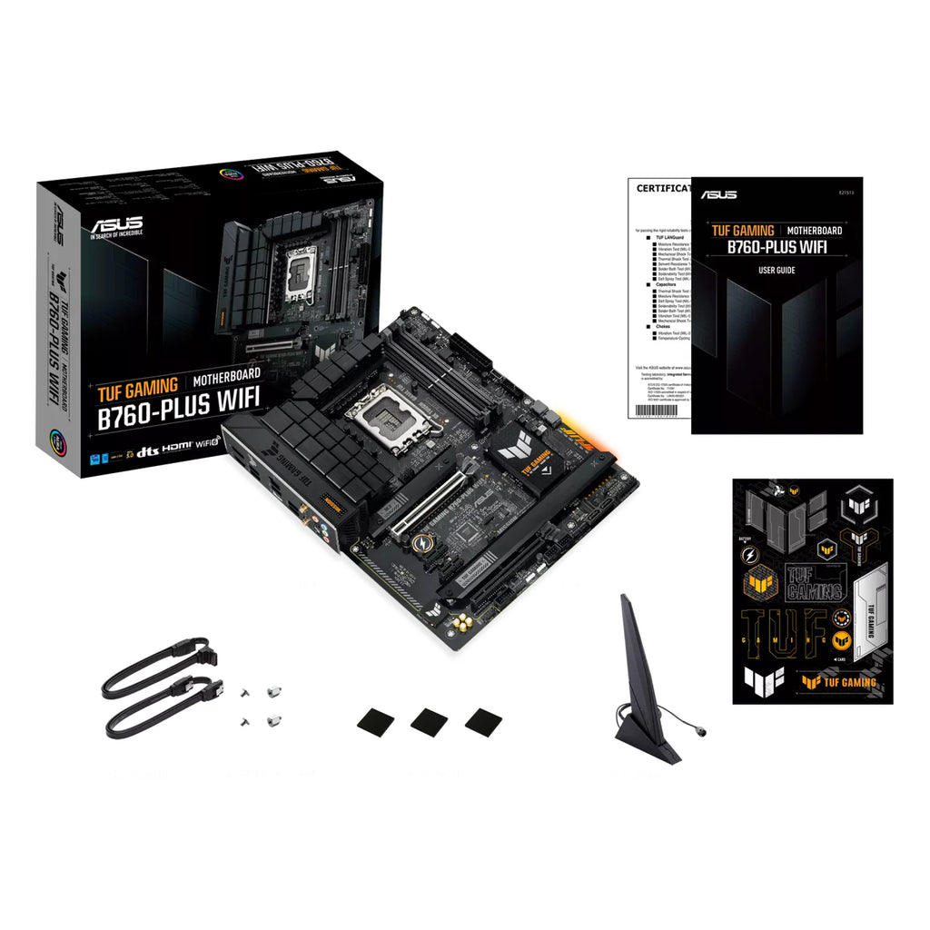 ASUS TUF GAMING B760-PLUS WIFI — contenu de la boîte sur fond blanc carré — réf. 90MB1ER0-M1EAY0
