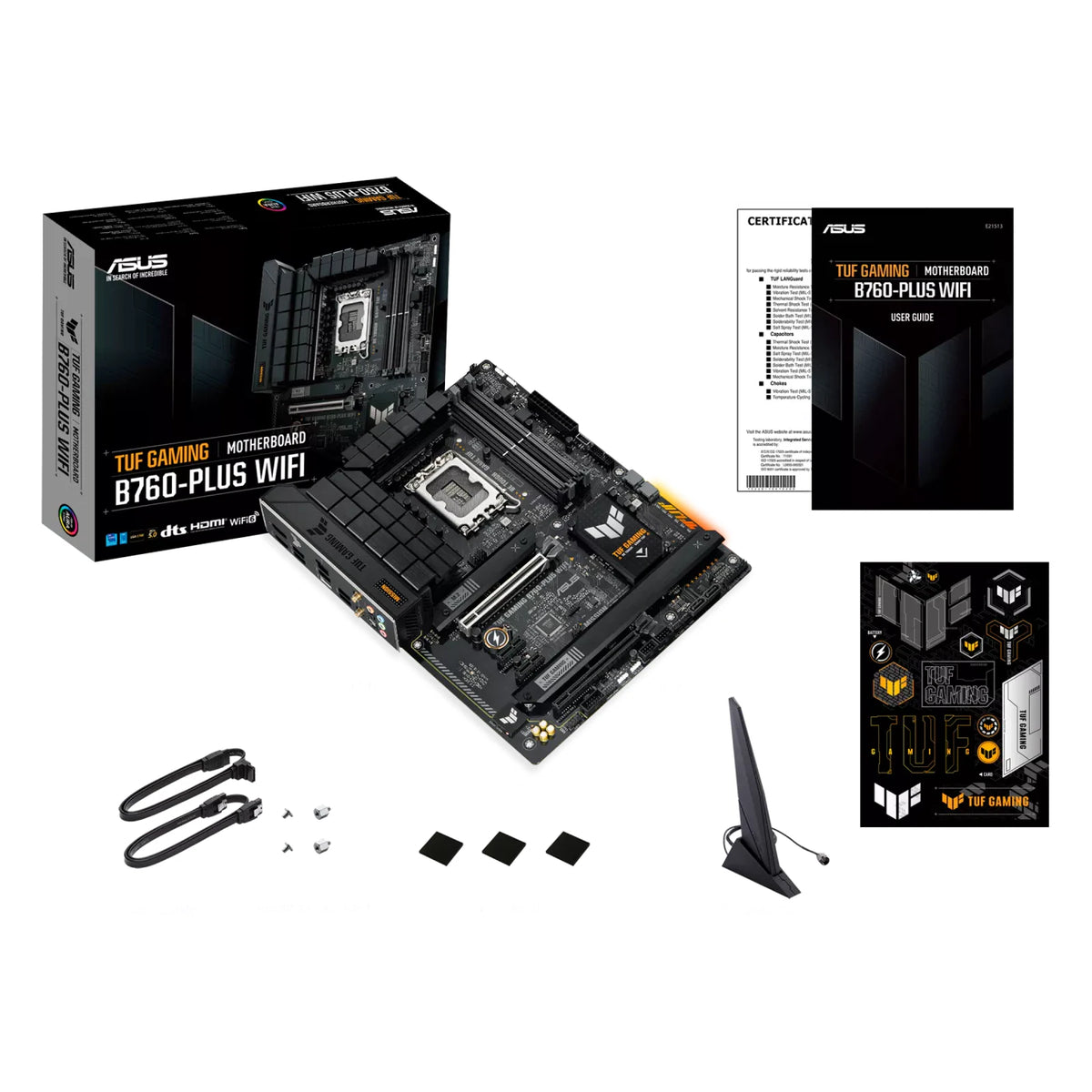 ASUS TUF GAMING B760-PLUS WIFI — contenu de la boîte sur fond blanc carré — réf. 90MB1ER0-M1EAY0