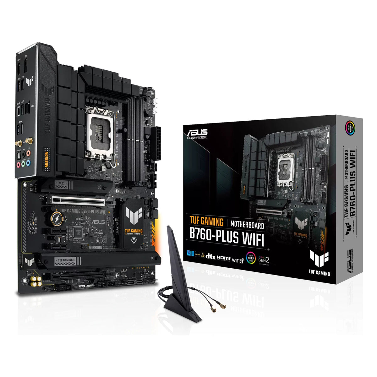 ASUS TUF GAMING B760-PLUS WIFI — vue en perspective à 45 degrés sur fond blanc carré — réf. 90MB1ER0-M1EAY0