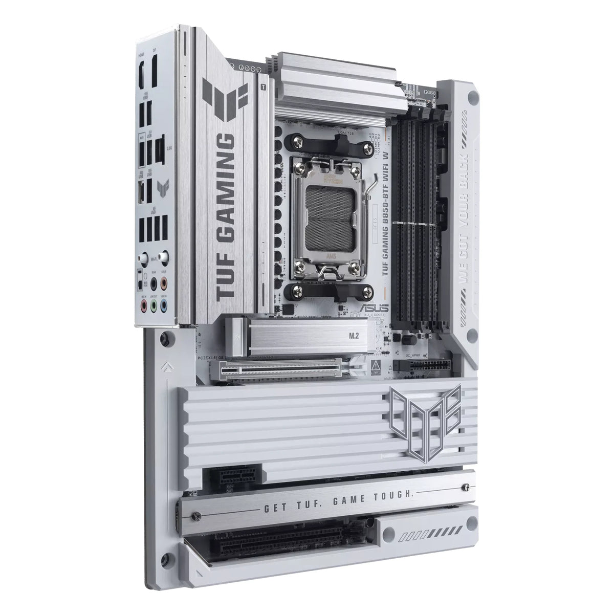 ASUS TUF GAMING B850-BTF WIFI W — connectique arrière sur fond blanc carré — réf. 90MB1KW0-M0EAY0