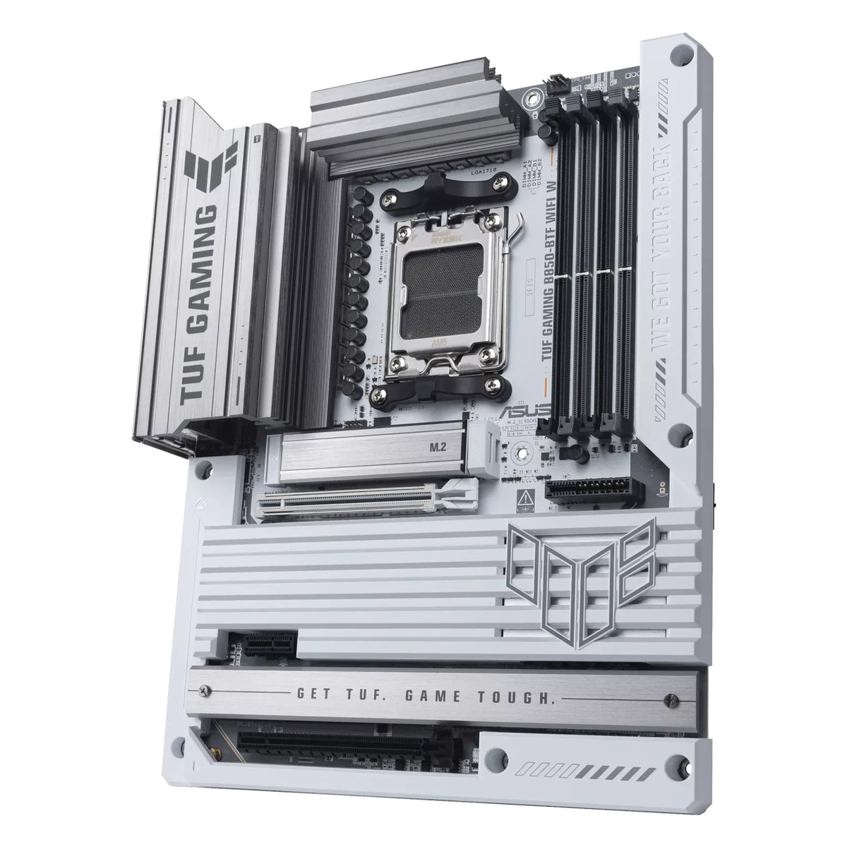 ASUS TUF GAMING B850-BTF WIFI W — vue en perspective à 60 degrés sur fond blanc carré — réf. 90MB1KW0-M0EAY0