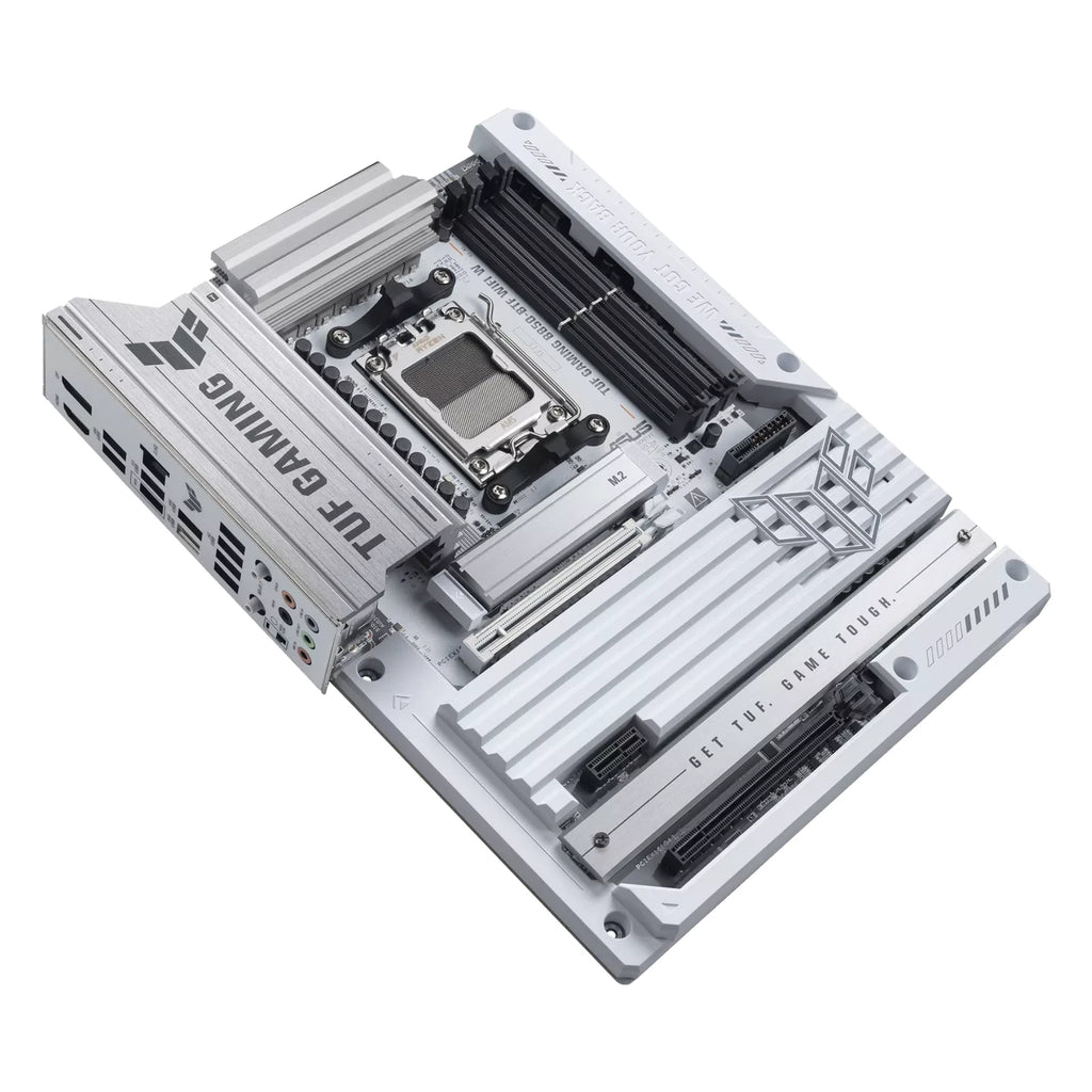 ASUS TUF GAMING B850-BTF WIFI W — vue en perspective à 45 degrés sur fond blanc carré — réf. 90MB1KW0-M0EAY0