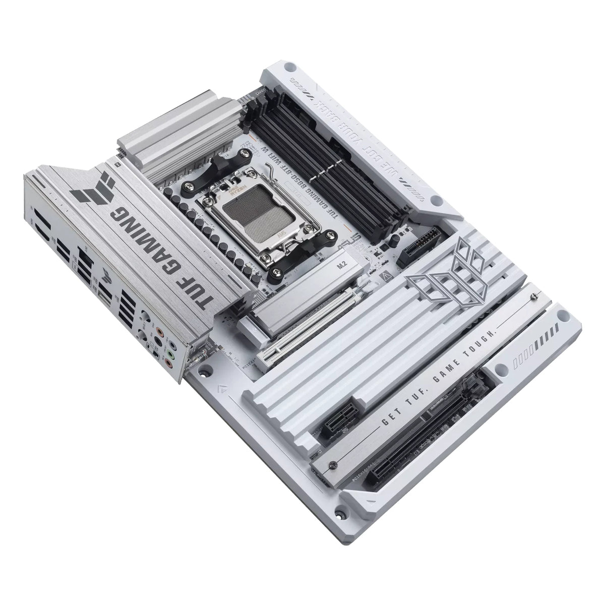 ASUS TUF GAMING B850-BTF WIFI W — vue en perspective à 45 degrés sur fond blanc carré — réf. 90MB1KW0-M0EAY0