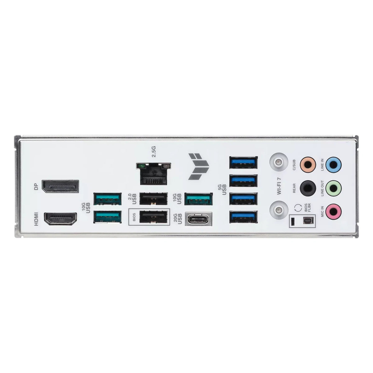 ASUS TUF GAMING B850-BTF WIFI W — connectique arrière sur fond blanc carré — réf. 90MB1KW0-M0EAY0