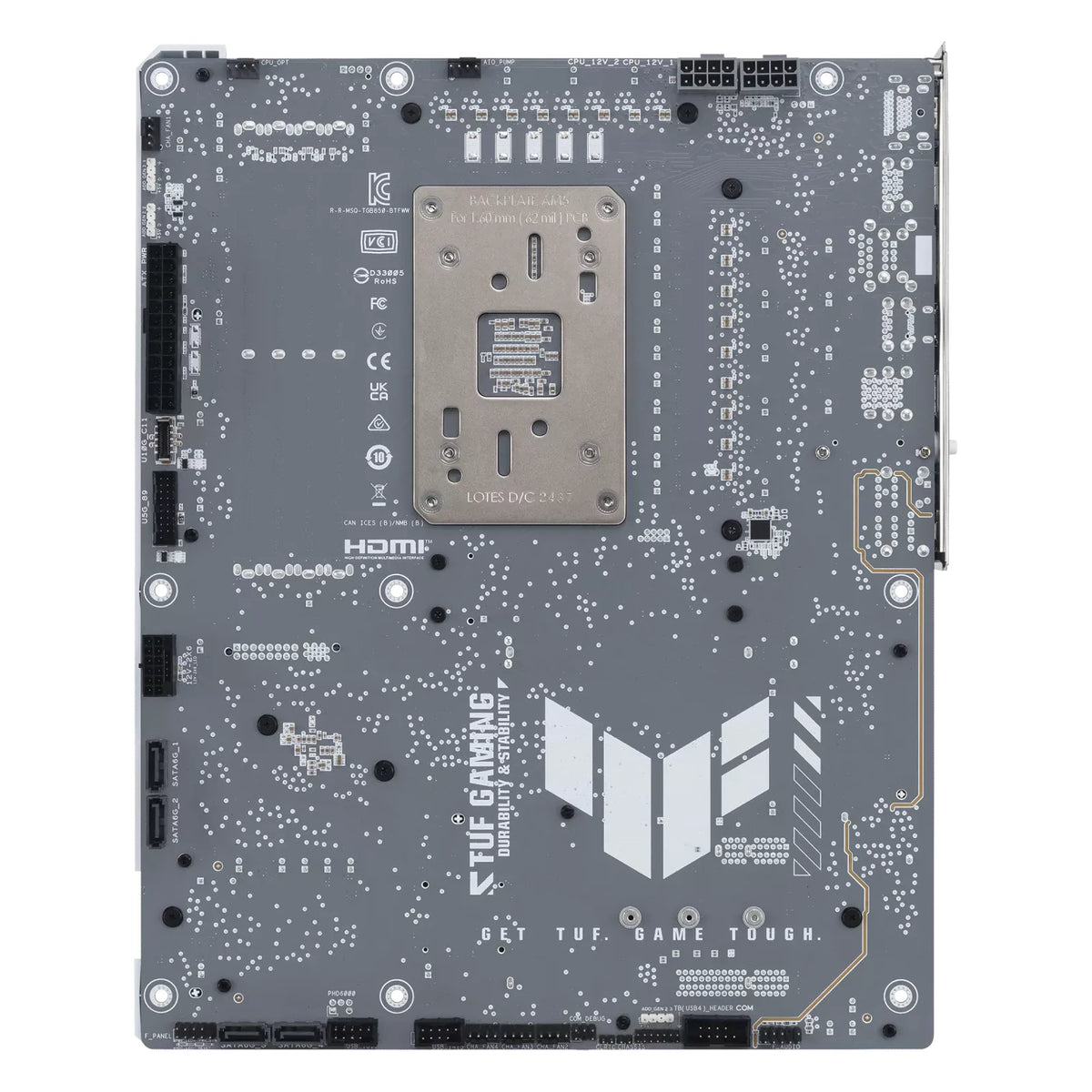 ASUS TUF GAMING B850-BTF WIFI W — vue arrière sur fond blanc carré — réf. 90MB1KW0-M0EAY0