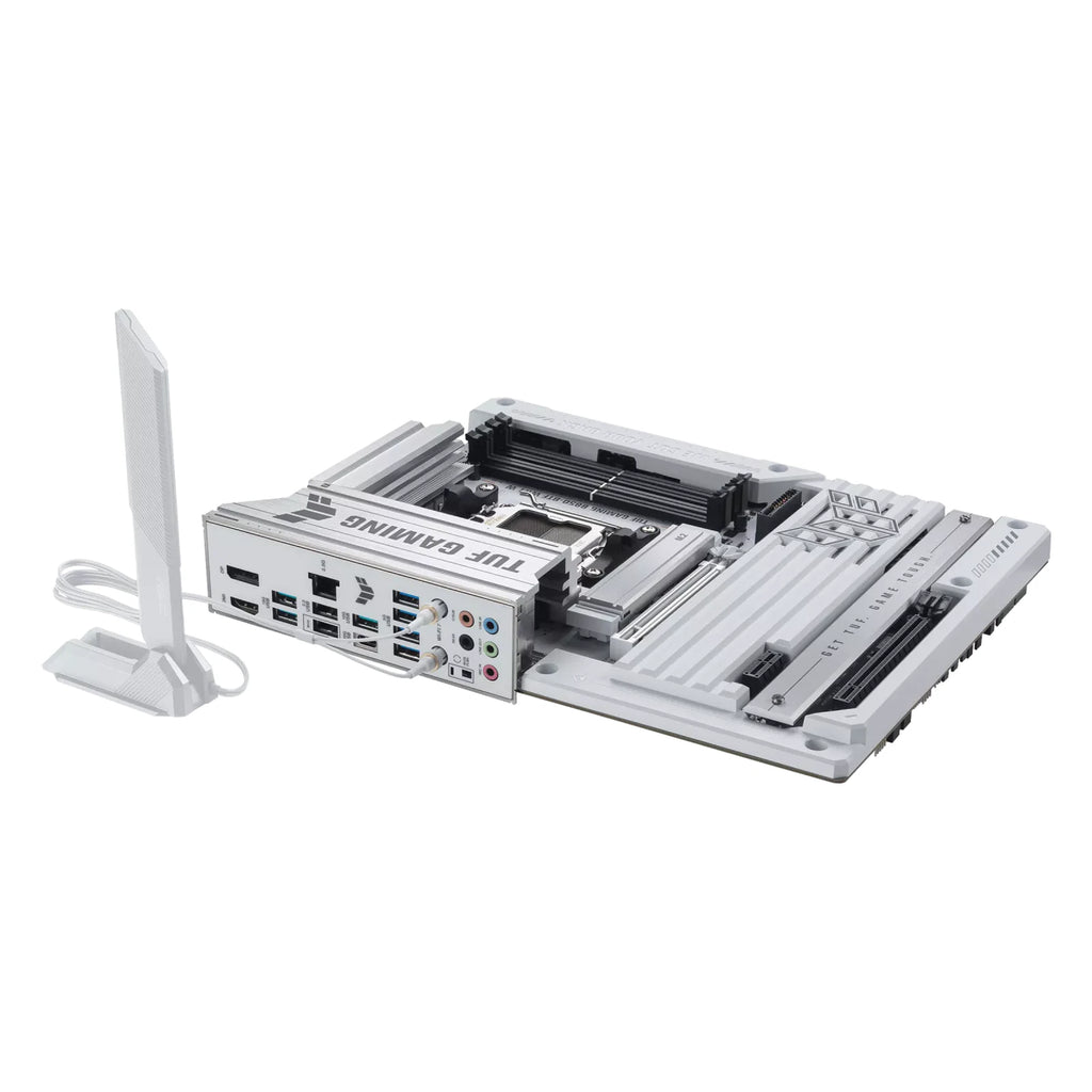 ASUS TUF GAMING B850-BTF WIFI W — vue avec antenne Wi-Fi sur fond blanc carré — réf. 90MB1KW0-M0EAY0