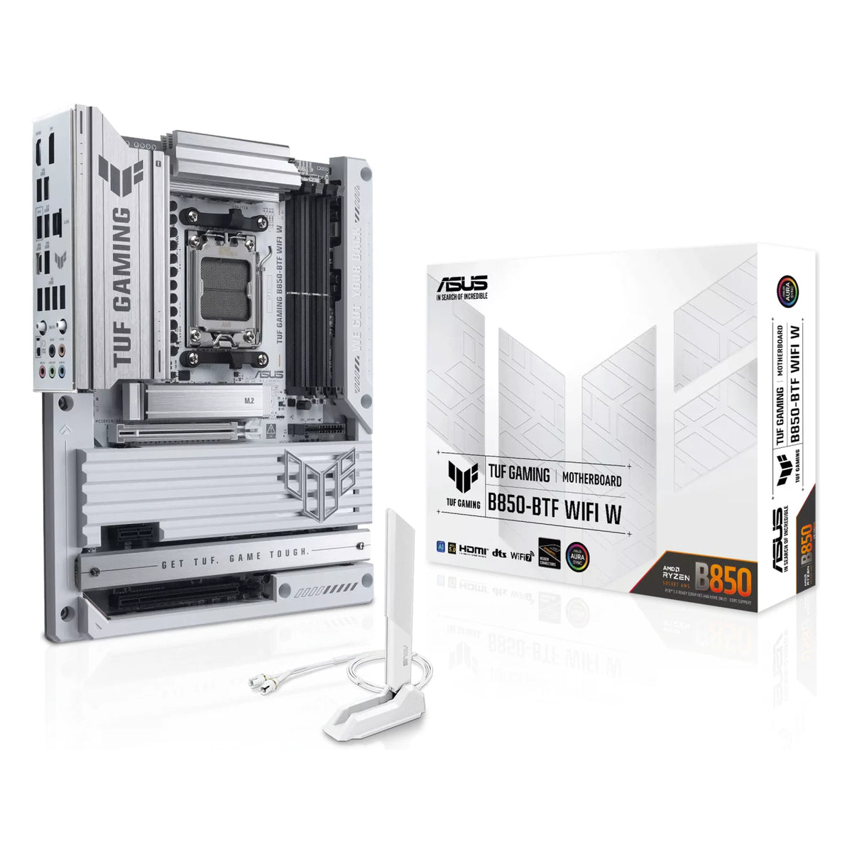 ASUS TUF GAMING B850-BTF WIFI W — vue en perspective à 45 degrés sur fond blanc carré — réf. 90MB1KW0-M0EAY0