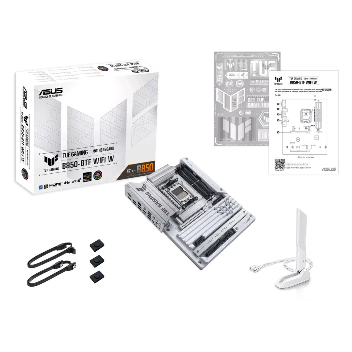 ASUS TUF GAMING B850-BTF WIFI W — contenu de la boîte sur fond blanc carré — réf. 90MB1KW0-M0EAY0