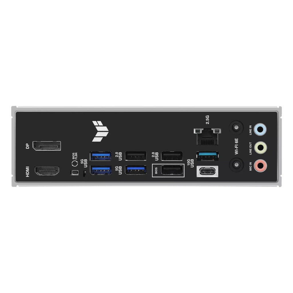 ASUS TUF GAMING B850-E WIFI — connectique arrière sur fond blanc carré — réf. 90MB1L20-M0EAY0