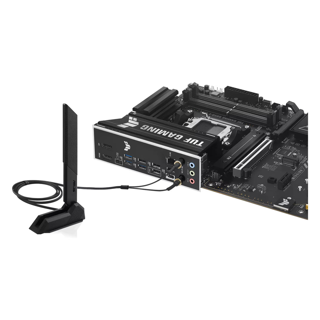 ASUS TUF GAMING B850-E WIFI — vue avec antenne Wi-Fi sur fond blanc carré — réf. 90MB1L20-M0EAY0