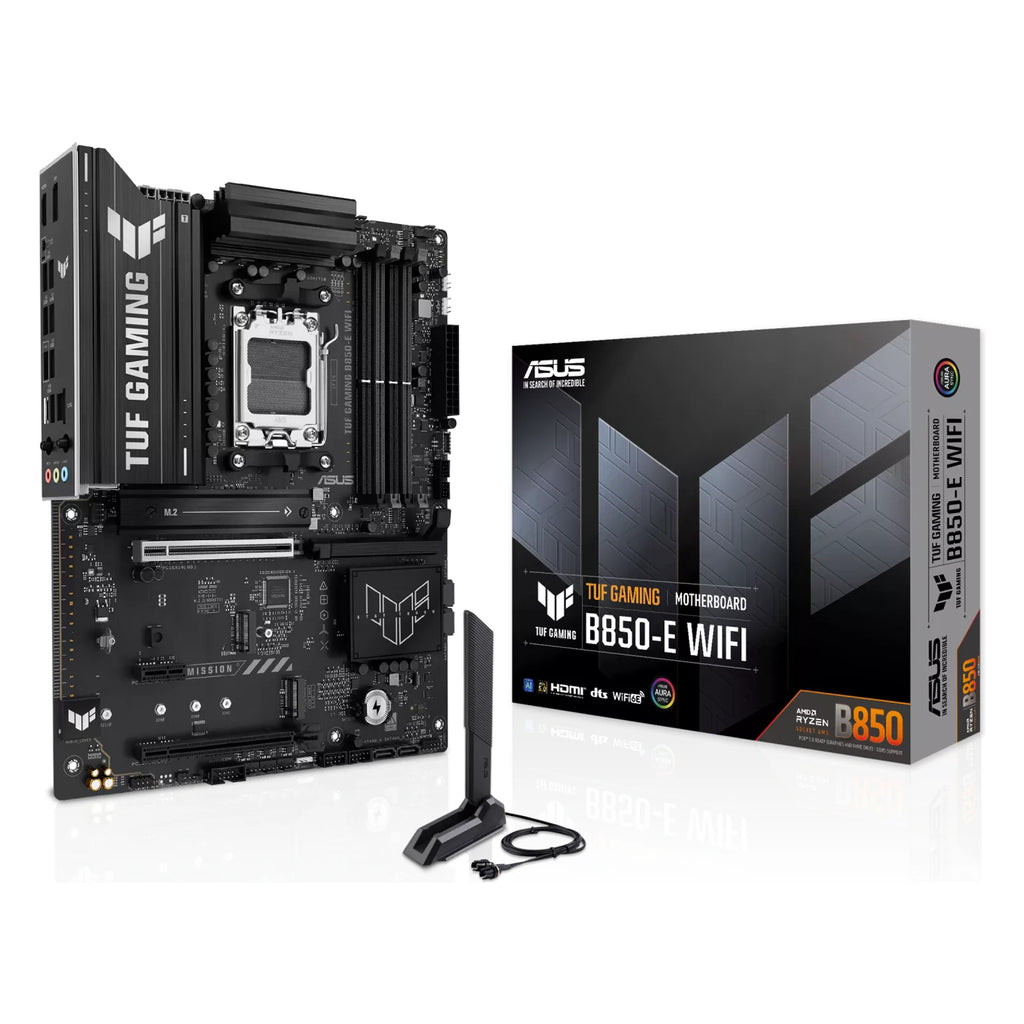 ASUS TUF GAMING B850-E WIFI — vue en perspective à 45 degrés sur fond blanc carré — réf. 90MB1L20-M0EAY0