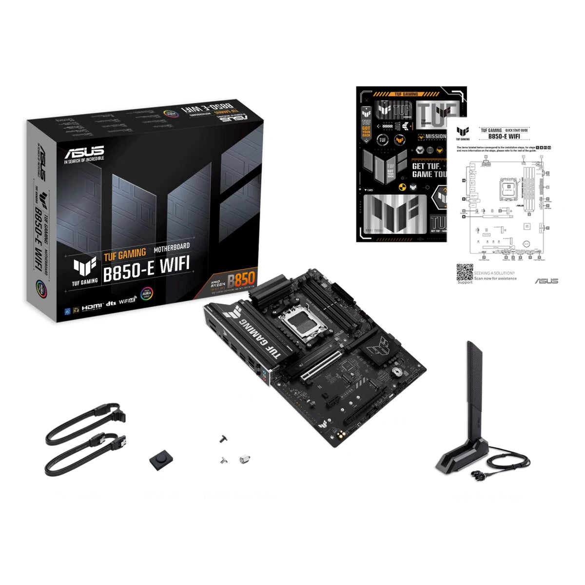 ASUS TUF GAMING B850-E WIFI — contenu de la boîte sur fond blanc carré — réf. 90MB1L20-M0EAY0