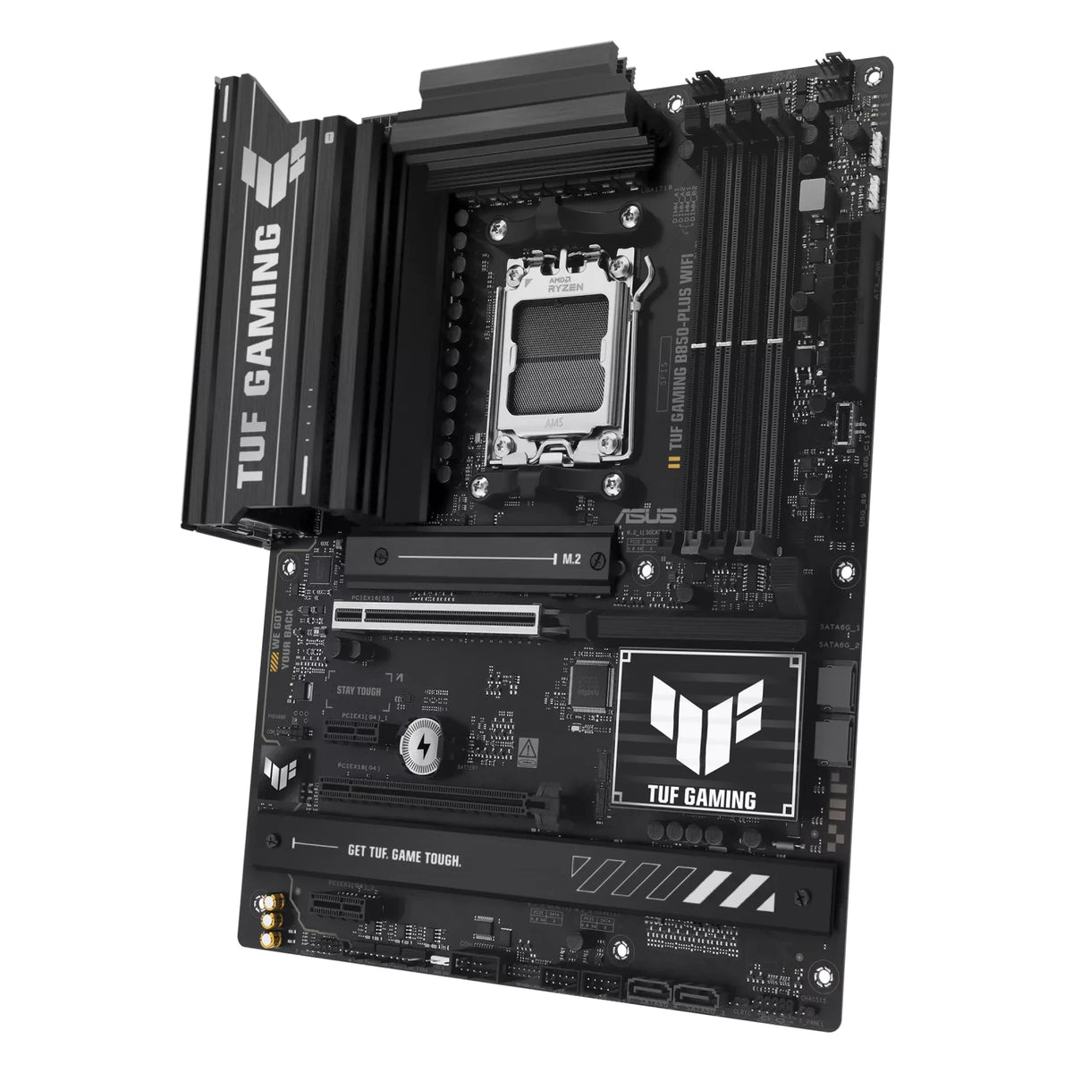 ASUS TUF GAMING B850-PLUS WIFI — vue en perspective à 60 degrés sur fond blanc carré — réf. 90MB1J30-M0EAY0