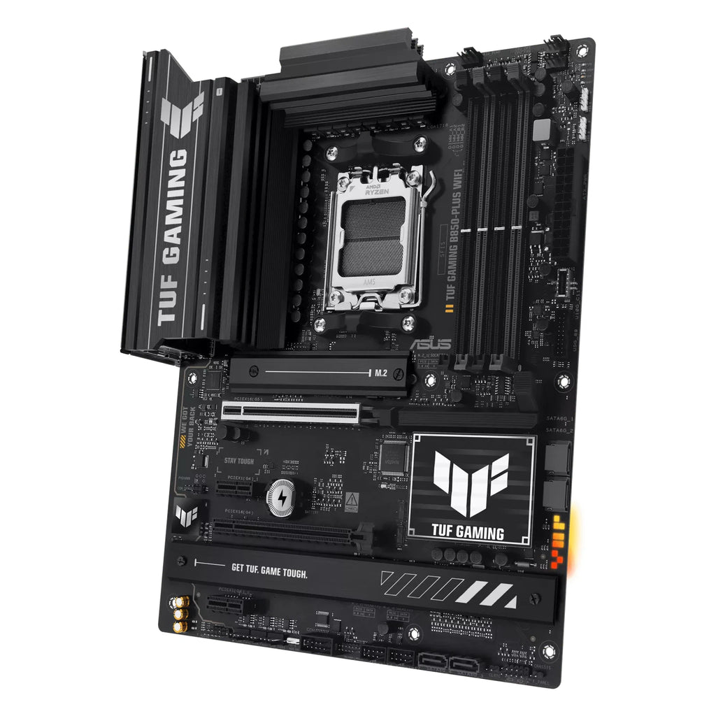 ASUS TUF GAMING B850-PLUS WIFI — vue en perspective à 60 degrés sur fond blanc carré — réf. 90MB1J30-M0EAY0