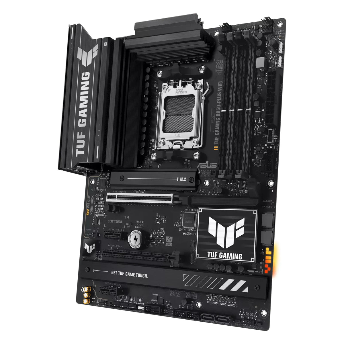ASUS TUF GAMING B850-PLUS WIFI — vue en perspective à 60 degrés sur fond blanc carré — réf. 90MB1J30-M0EAY0