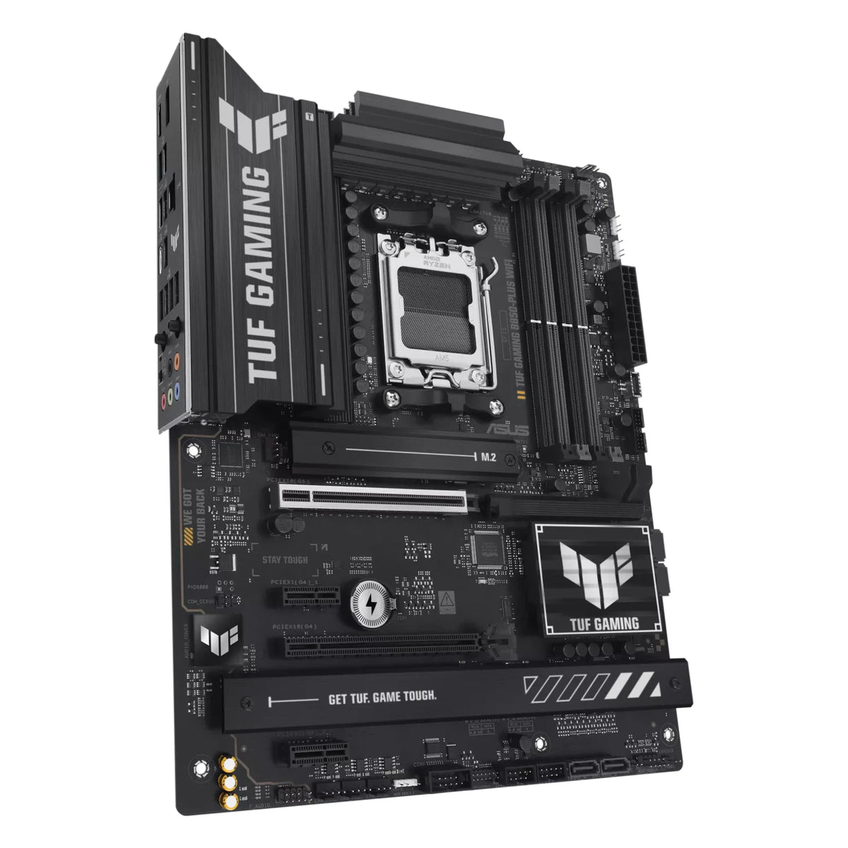 ASUS TUF GAMING B850-PLUS WIFI — vue en perspective à 45 degrés sur fond blanc carré — réf. 90MB1J30-M0EAY0