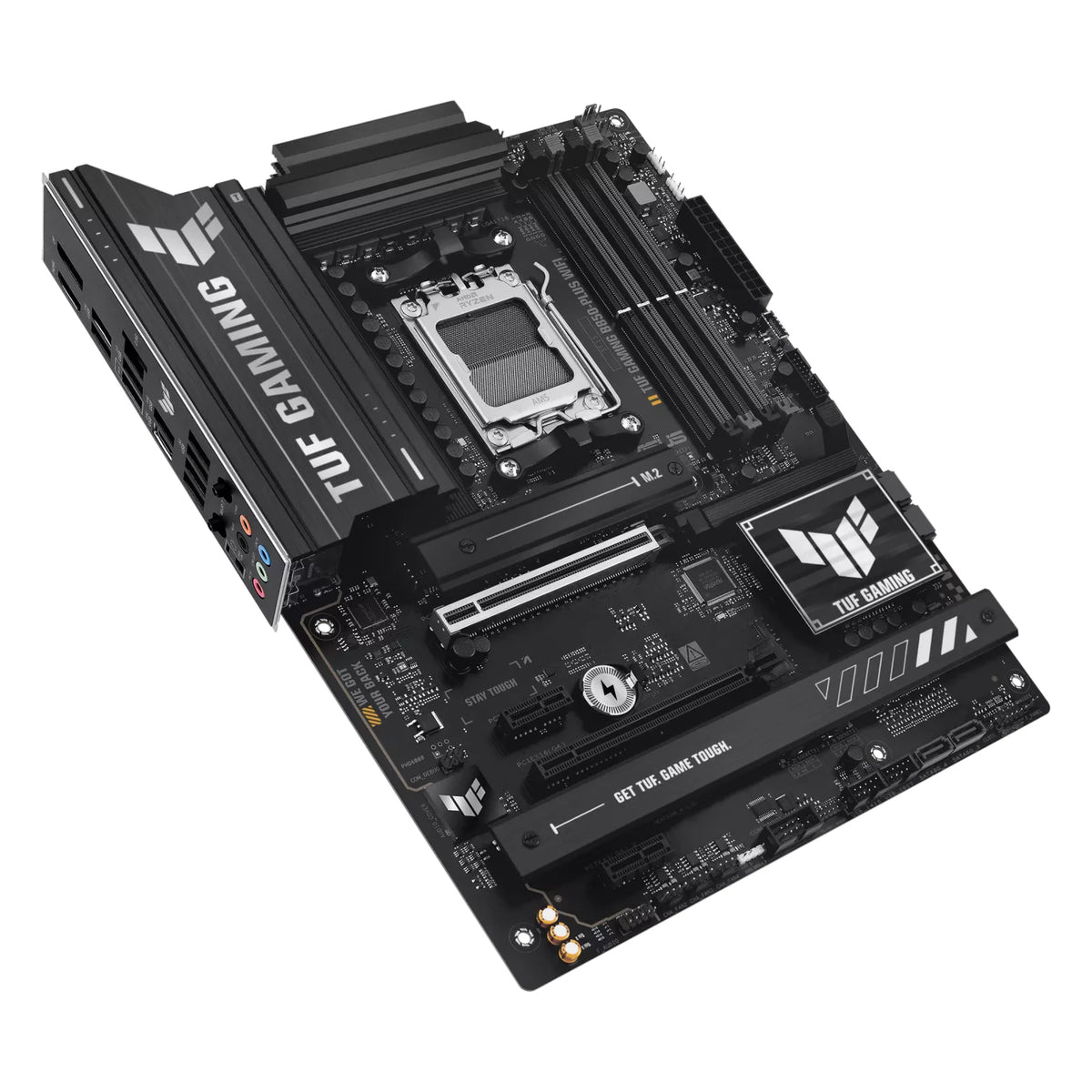ASUS TUF GAMING B850-PLUS WIFI — vue en perspective à 45 degrés sur fond blanc carré — réf. 90MB1J30-M0EAY0
