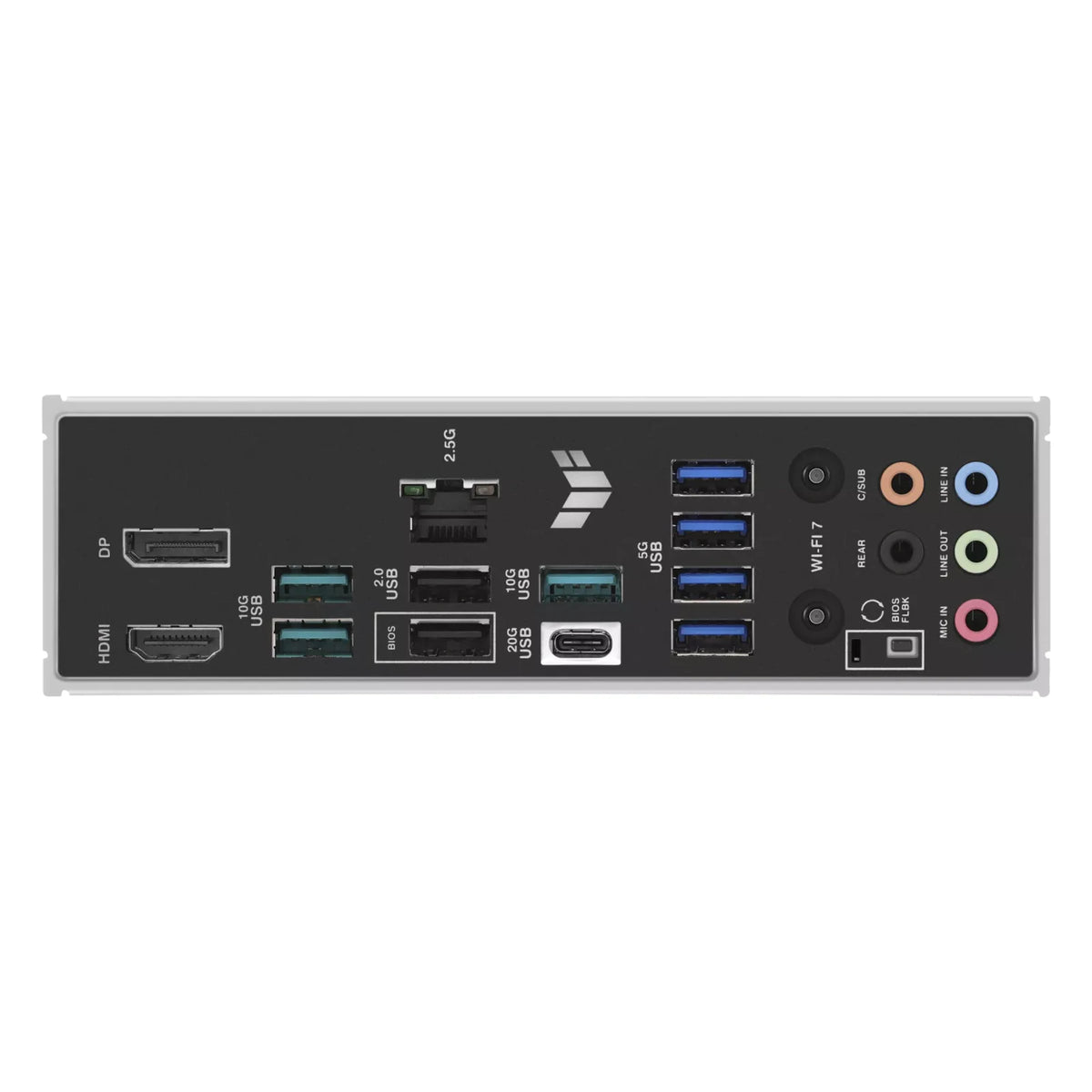 ASUS TUF GAMING B850-PLUS WIFI — connectique arrière sur fond blanc carré — réf. 90MB1J30-M0EAY0