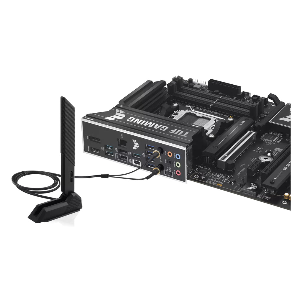 ASUS TUF GAMING B850-PLUS WIFI — vue avec antenne Wi-Fi sur fond blanc carré — réf. 90MB1J30-M0EAY0