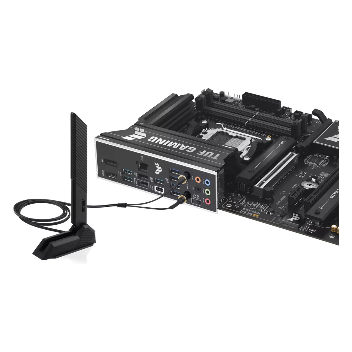 ASUS TUF GAMING B850-PLUS WIFI — vue avec antenne Wi-Fi sur fond blanc carré — réf. 90MB1J30-M0EAY0