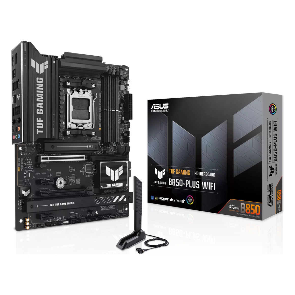 ASUS TUF GAMING B850-PLUS WIFI — vue en perspective à 45 degrés sur fond blanc carré — réf. 90MB1J30-M0EAY0