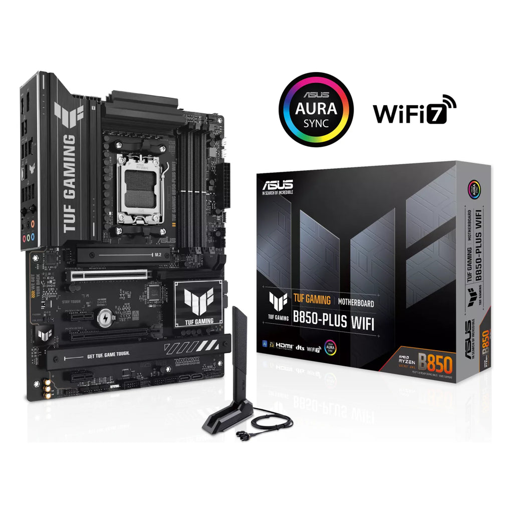 ASUS TUF GAMING B850-PLUS WIFI — vue en perspective à 45 degrés sur fond blanc carré — réf. 90MB1J30-M0EAY0