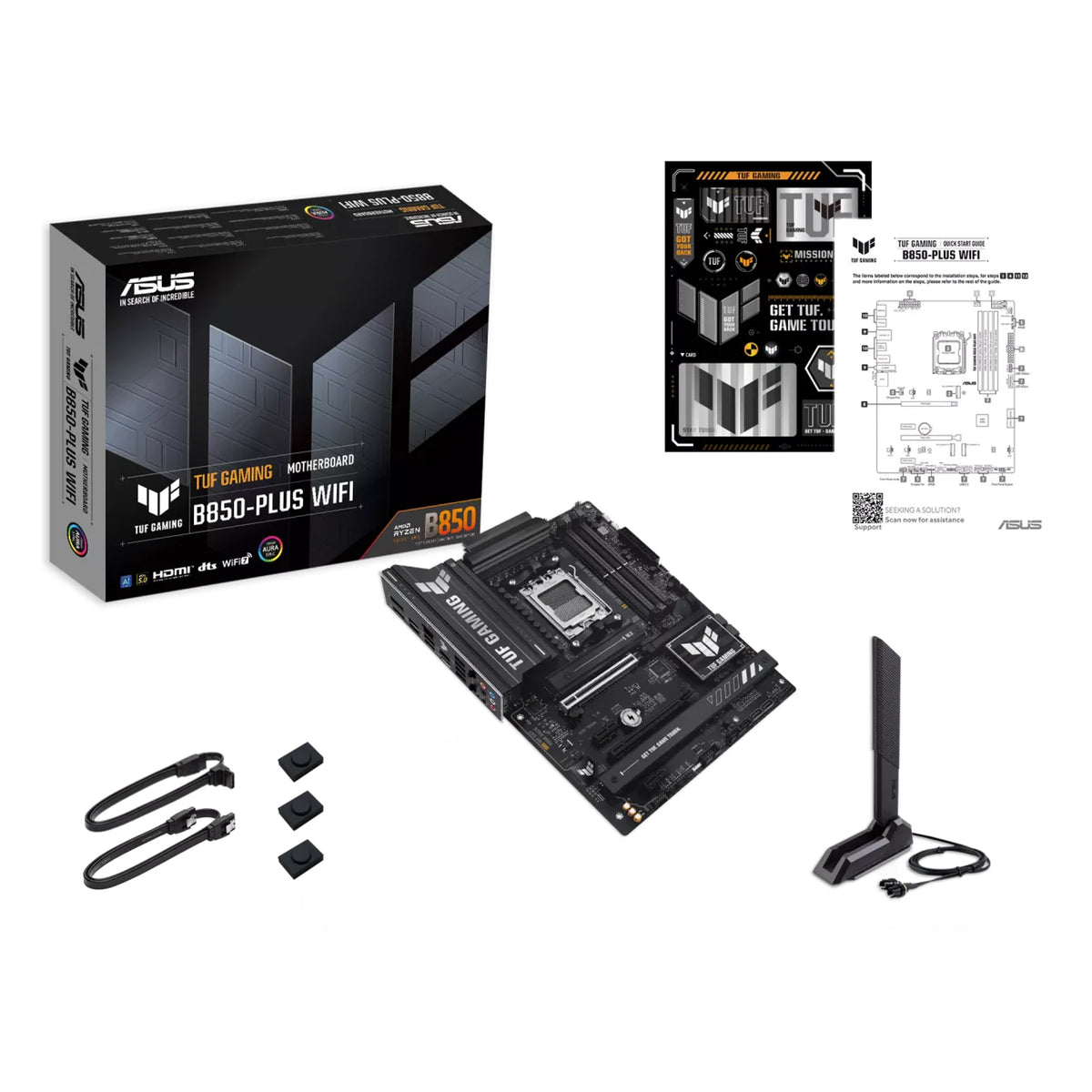ASUS TUF GAMING B850-PLUS WIFI — contenu de la boîte sur fond blanc carré — réf. 90MB1J30-M0EAY0
