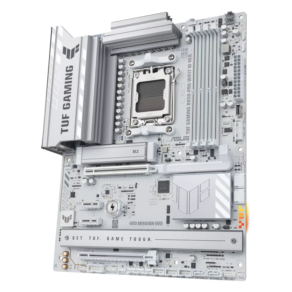 ASUS TUF GAMING B850-PRO WIFI7 W NEO — vue en perspective à 60 degrés sur fond blanc carré — réf. 90MB1NW0-M0EAY0