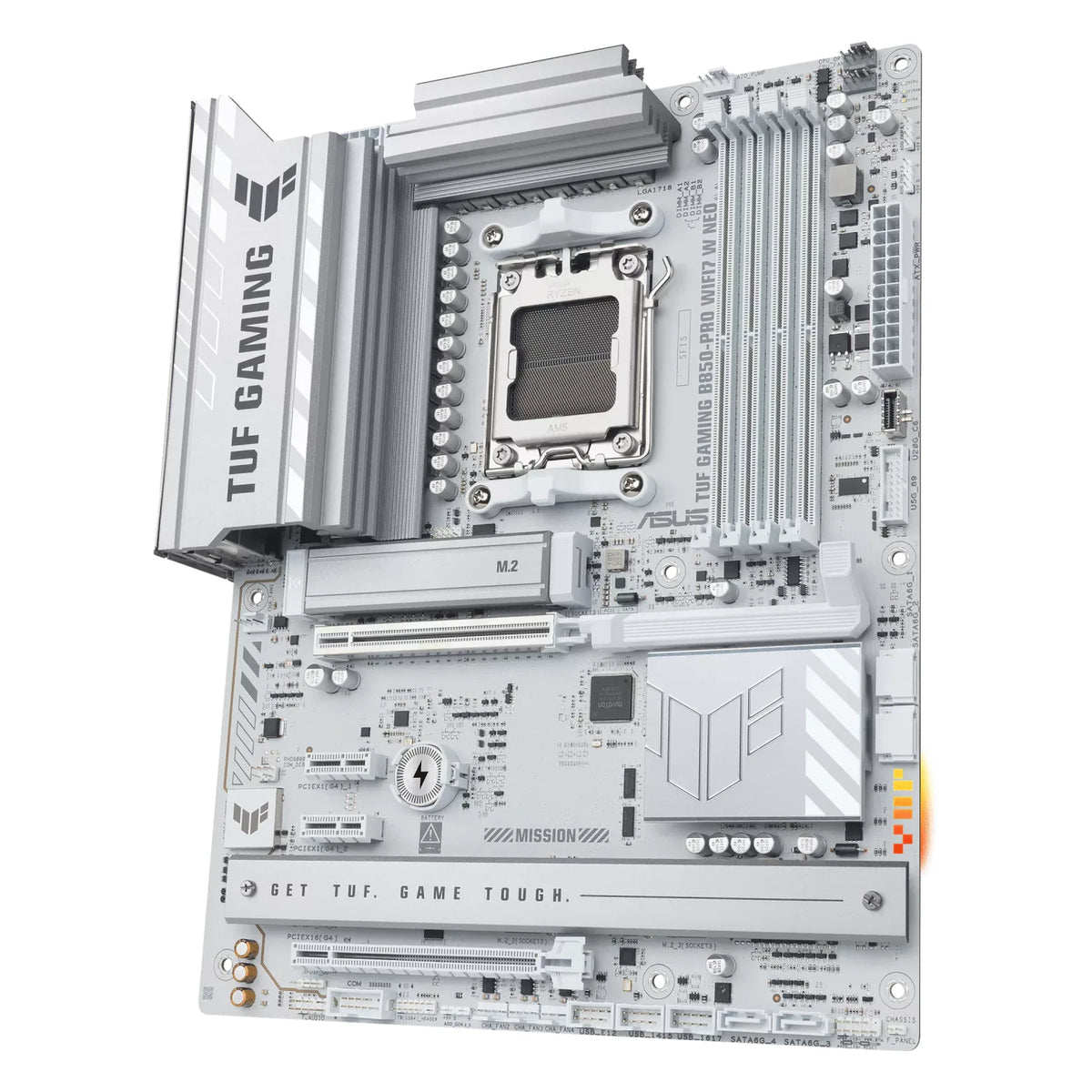 ASUS TUF GAMING B850-PRO WIFI7 W NEO — vue en perspective à 60 degrés sur fond blanc carré — réf. 90MB1NW0-M0EAY0