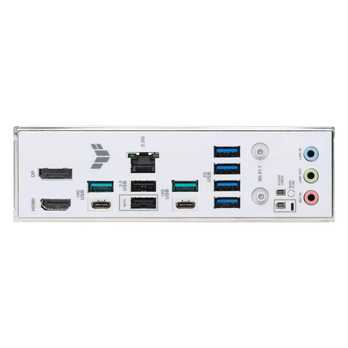 ASUS TUF GAMING B850-PRO WIFI7 W NEO — connectique arrière sur fond blanc carré — réf. 90MB1NW0-M0EAY0