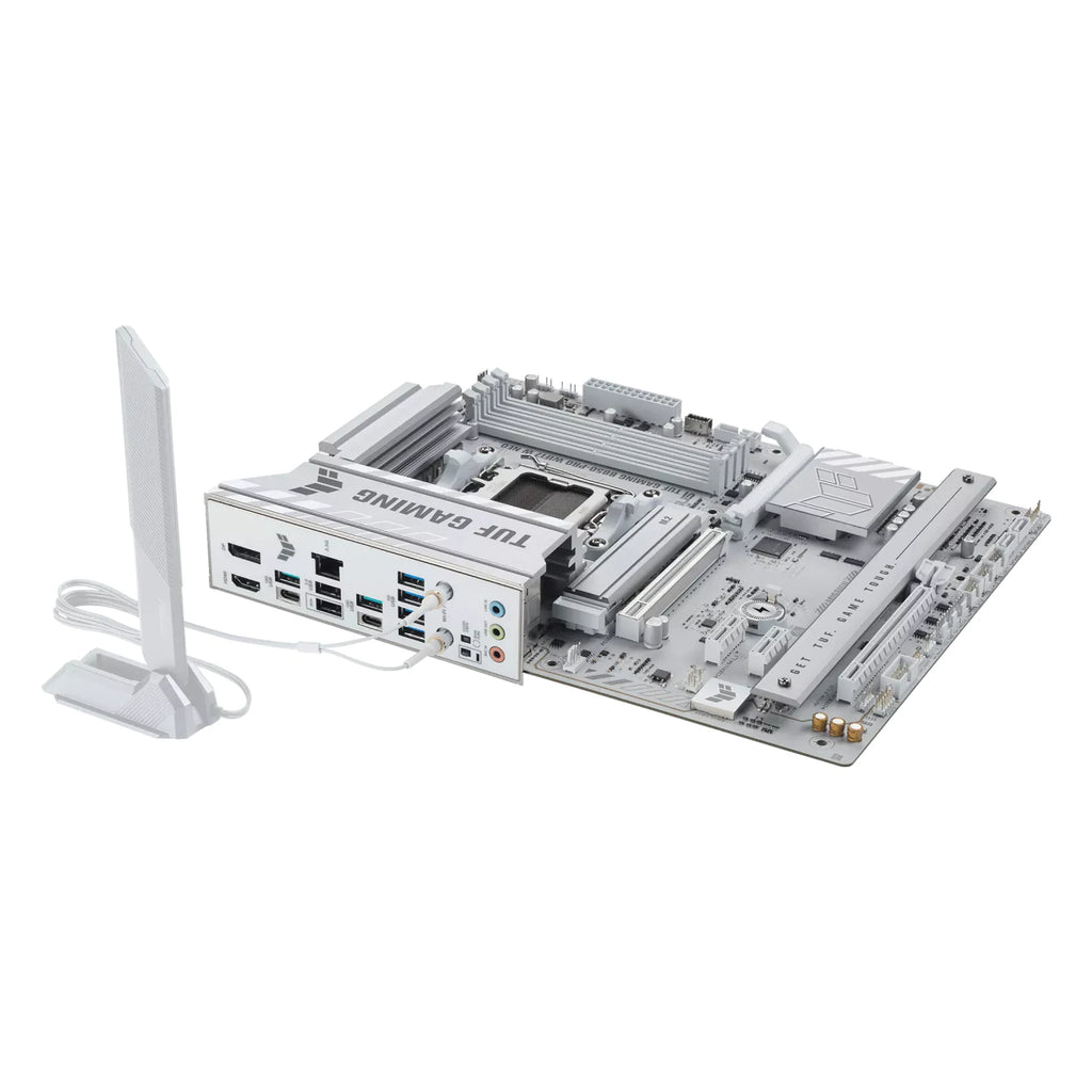 ASUS TUF GAMING B850-PRO WIFI7 W NEO — vue avec antenne Wi-Fi sur fond blanc carré — réf. 90MB1NW0-M0EAY0